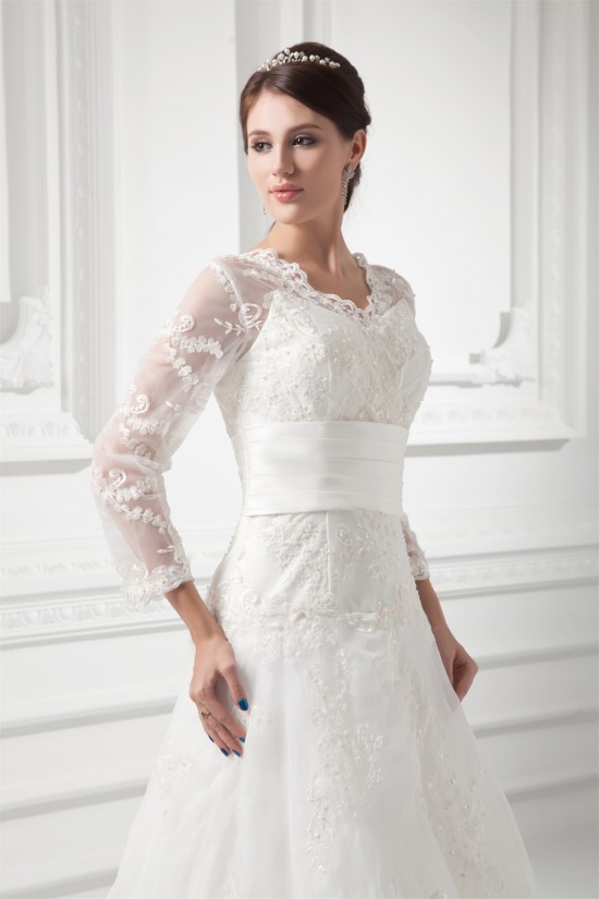 New Style A-Line Long Sleeve V-Neck Satin Organza Lace Wedding Dresses 2031258