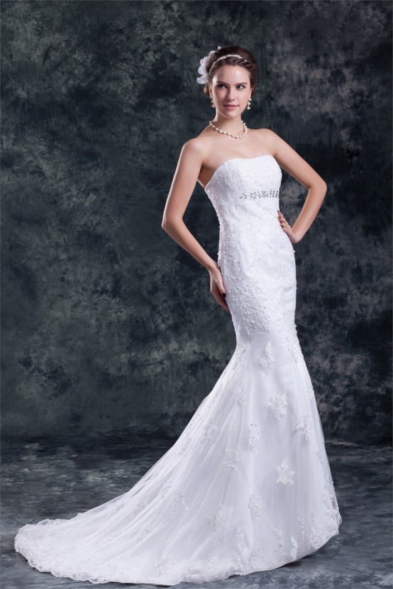 Satin Net Sweetheart Mermaid/Trumpet Sleeveless Wedding Dresses 2031283