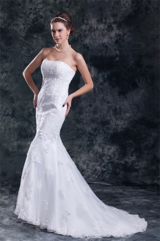 Satin Net Sweetheart Mermaid/Trumpet Sleeveless Wedding Dresses 2031283