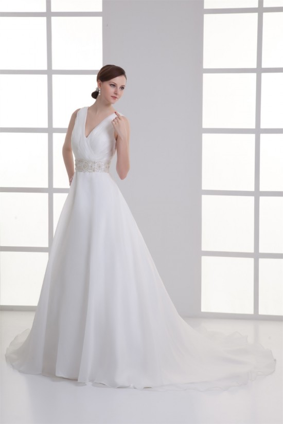 A-Line Satin Organza Sleeveless V-Neck Beaded Wedding Dresses 2031294