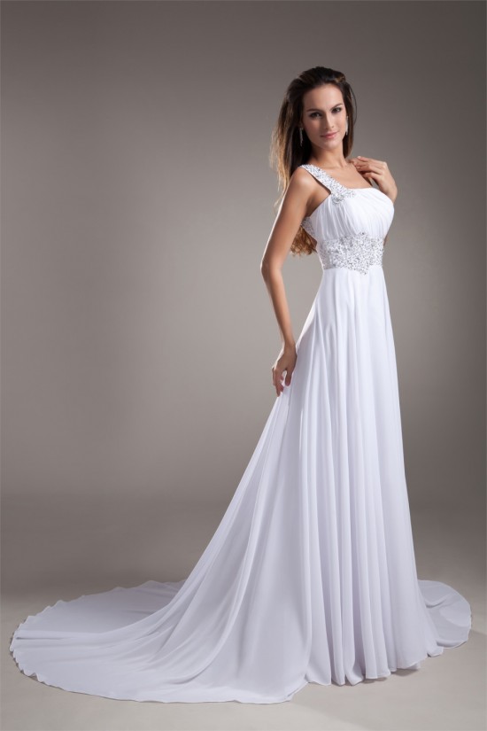 Sheath/Column Chiffon Silk like Satin One-Shoulder Beaded Wedding Dresses 2031307