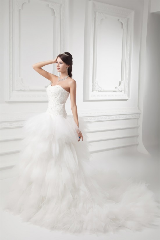Sleeveless A-Line Strapless Satin Fine Netting Beaded Lace Wedding Dresses 2031315 Sleeveless A-Line Strapless Satin Fine Netting Beaded Lace Wedding Dresses 2031315
