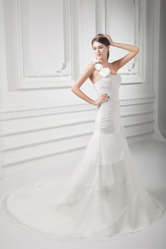 Sleeveless One-Shoulder A-Line Satin Organza Embellished Wedding Dresses 2031327 Sleeveless One-Shoulder A-Line Satin Organza Embellished Wedding Dresses 2031327
