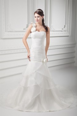 Sleeveless One-Shoulder A-Line Satin Organza Embellished Wedding Dresses 2031327