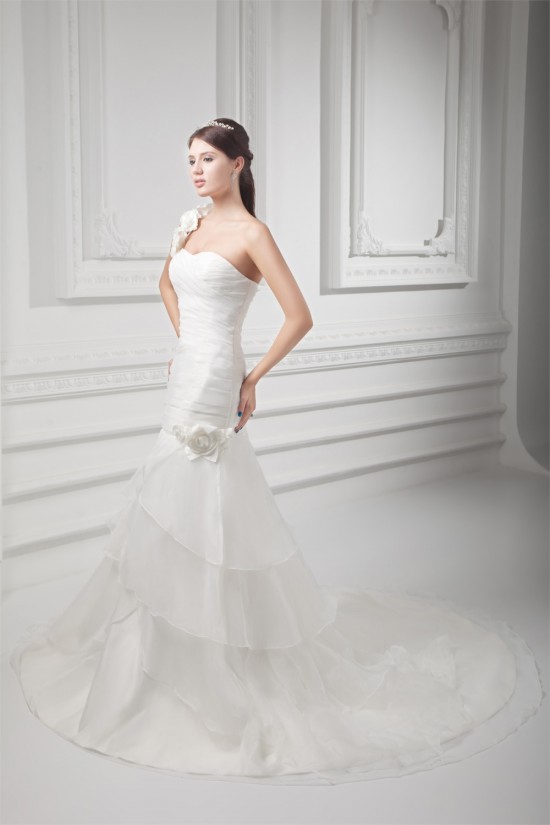 Sleeveless One-Shoulder A-Line Satin Organza Embellished Wedding Dresses 2031327 Sleeveless One-Shoulder A-Line Satin Organza Embellished Wedding Dresses 2031327