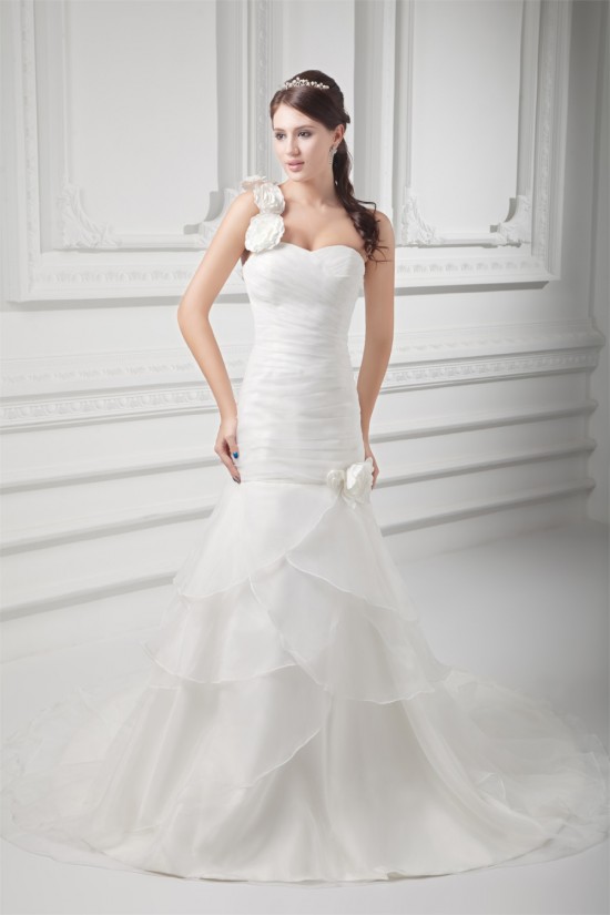 Sleeveless One-Shoulder A-Line Satin Organza Embellished Wedding Dresses 2031327 Sleeveless One-Shoulder A-Line Satin Organza Embellished Wedding Dresses 2031327