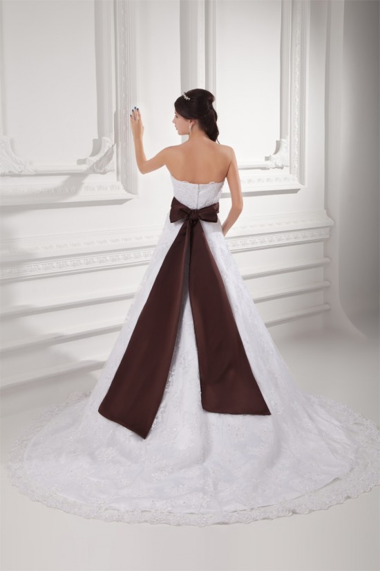 Long A-line Sweetheart Satin Lace Wedding Dress with Sleeves Ivory Bridal Gowns main image 0