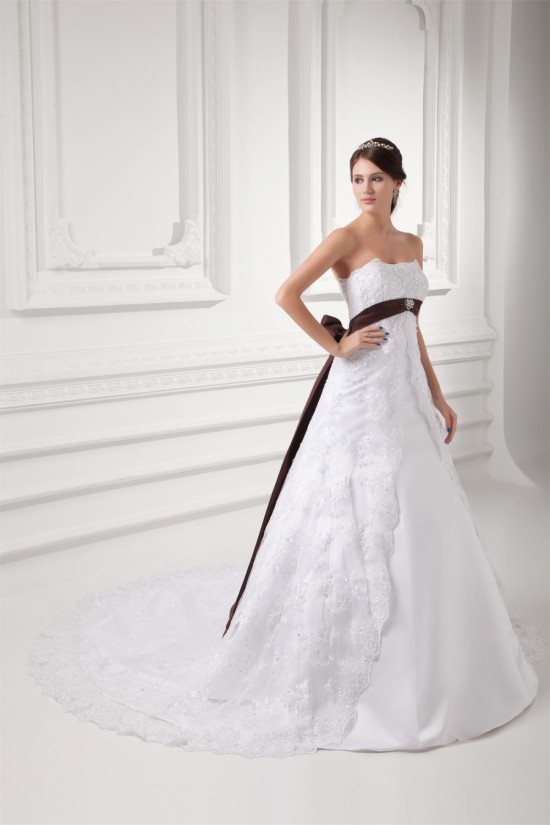 A-Line Soft Sweetheart Satin Lace Wedding Dresses 2031346