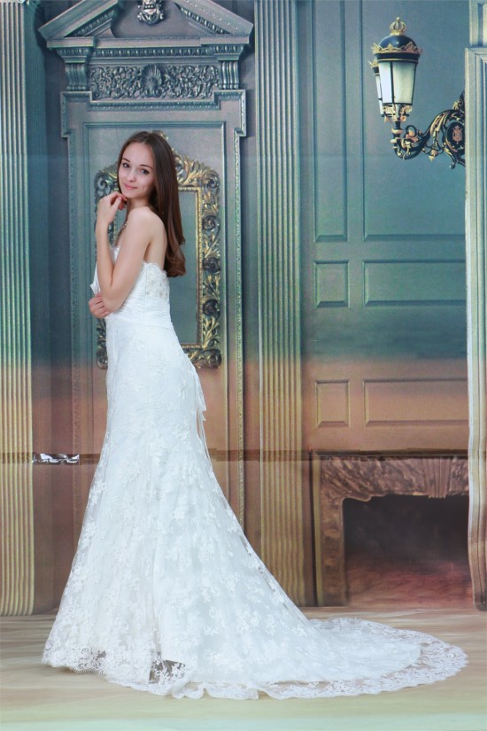 Sleeveless Strapless Mermaid/Trumpet Satin Lace Wedding Dresses 2031349