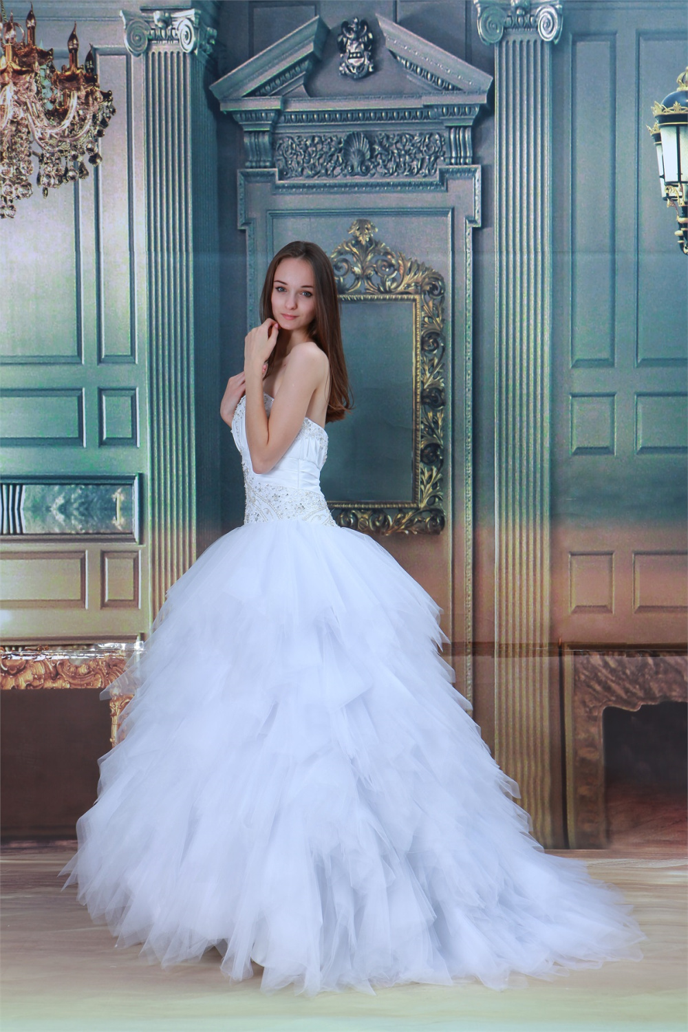 Satin Strapless Ball Gown Classic Beaded Appliqued Dress Peach main image 1