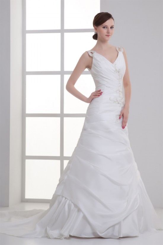 Taffeta Sleeveless Mermaid/Trumpet V-Neck Beaded Wedding Dresses 2031403