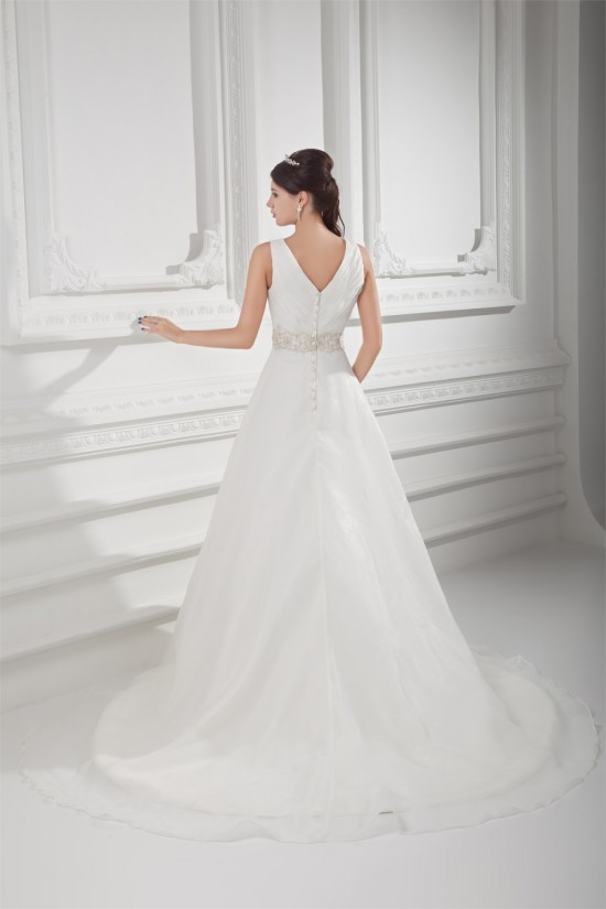 Unique Design V-Neck A-Line Sleeveless Satin Organza Beaded Wedding Dresses 2031412