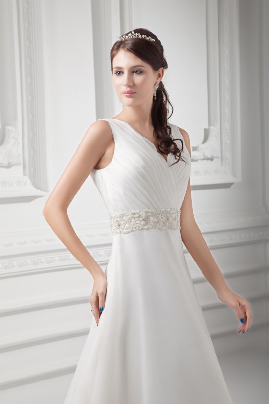 Unique Design V-Neck A-Line Sleeveless Satin Organza Beaded Wedding Dresses 2031412