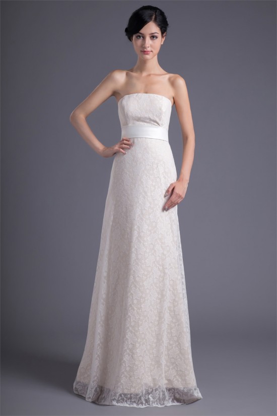 Wonderful Sleeveless Strapless Satin Lace A-Line Wedding Dresses 2031431