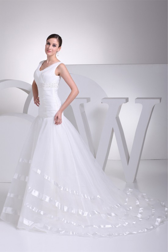 Fantastic V-Neck Satin Lace Organza Mermaid/Trumpet Wedding Dresses 2030146