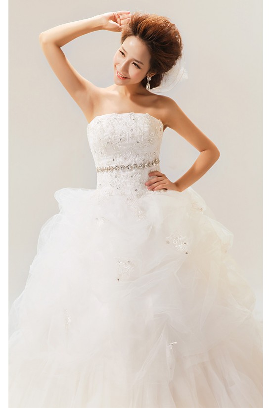 Ball Gown Strapless Court Train Beaded Lace Wedding Dresses 2031470