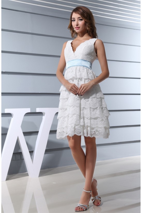 Hot Sale V-Neck A-Line Satin Lace Knee-Length Little White Dresses 2031493