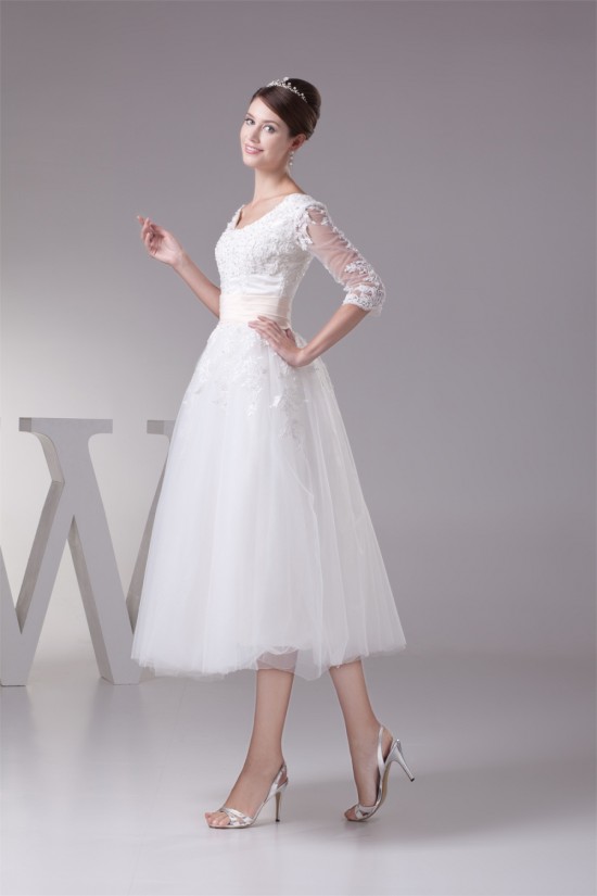 Satin Lace Fine Netting Scoop A-Line 3/4 Length Sleeve Little White Wedding Dresses 2031498 Satin Lace Fine Netting Scoop A-Line 3/4 Length Sleeve Little White Wedding Dresses 2031498