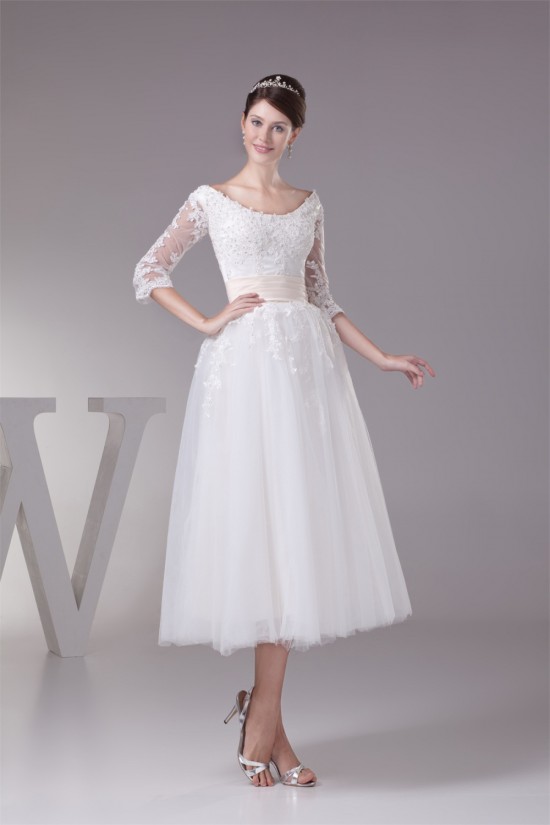 Satin Lace Fine Netting Scoop A-Line 3/4 Length Sleeve Little White Wedding Dresses 2031498 Satin Lace Fine Netting Scoop A-Line 3/4 Length Sleeve Little White Wedding Dresses 2031498