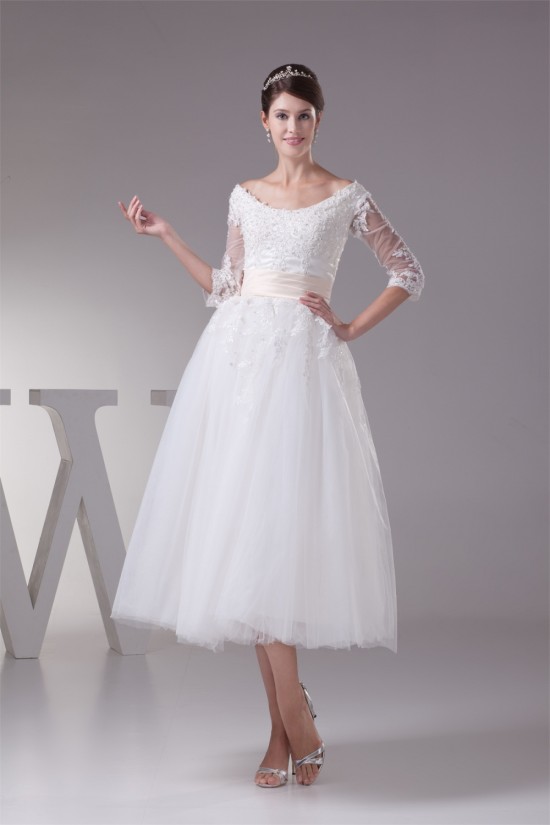 Satin Lace Fine Netting Scoop A-Line 3/4 Length Sleeve Little White Wedding Dresses 2031498 Satin Lace Fine Netting Scoop A-Line 3/4 Length Sleeve Little White Wedding Dresses 2031498