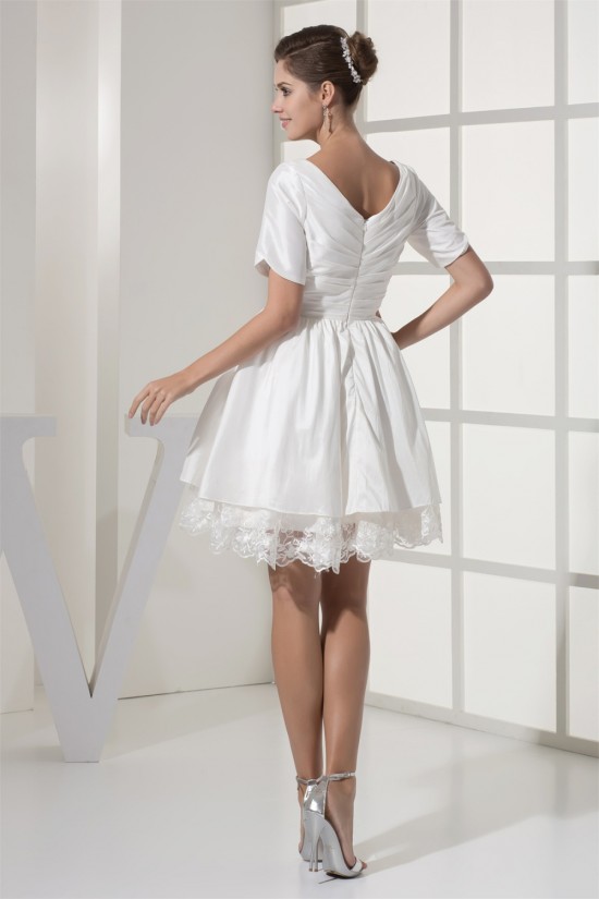 A-Line Short Sleeve V-Neck Taffeta Lace Short Reception Wedding Dresses 2031517 A-Line Short Sleeve V-Neck Taffeta Lace Short Reception Wedding Dresses 2031517