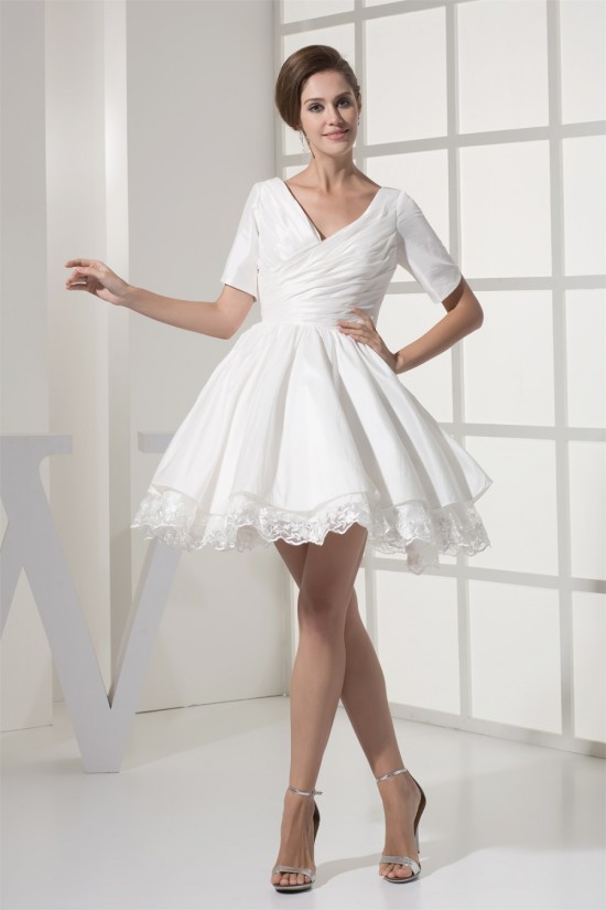 A-Line Short Sleeve V-Neck Taffeta Lace Short Reception Wedding Dresses 2031517 A-Line Short Sleeve V-Neck Taffeta Lace Short Reception Wedding Dresses 2031517
