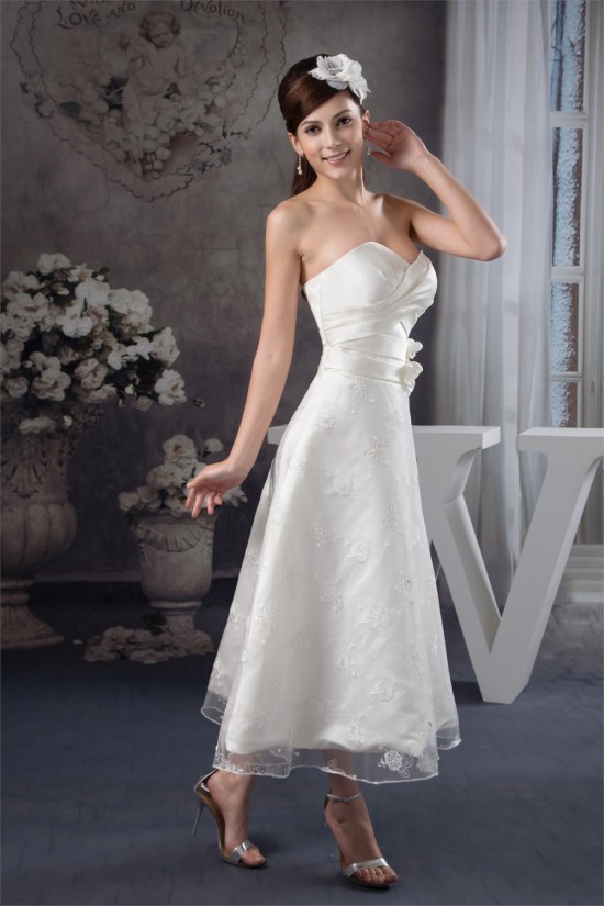 Attractive Sweetheart Sleeveless A-Line Tea Length Lace Little White Dresses 2031522