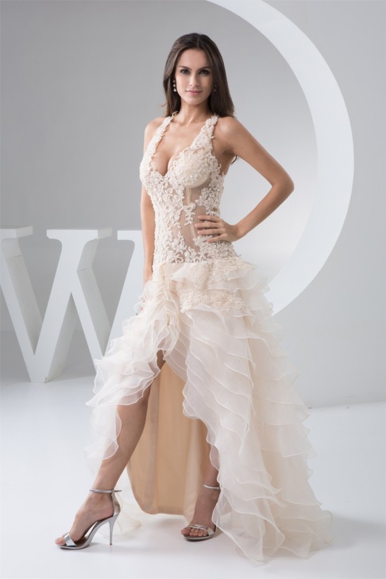 V-Neck Asymmetrical Sleeveless Ruched Satin Fine Netting Wedding Dresses 2031534