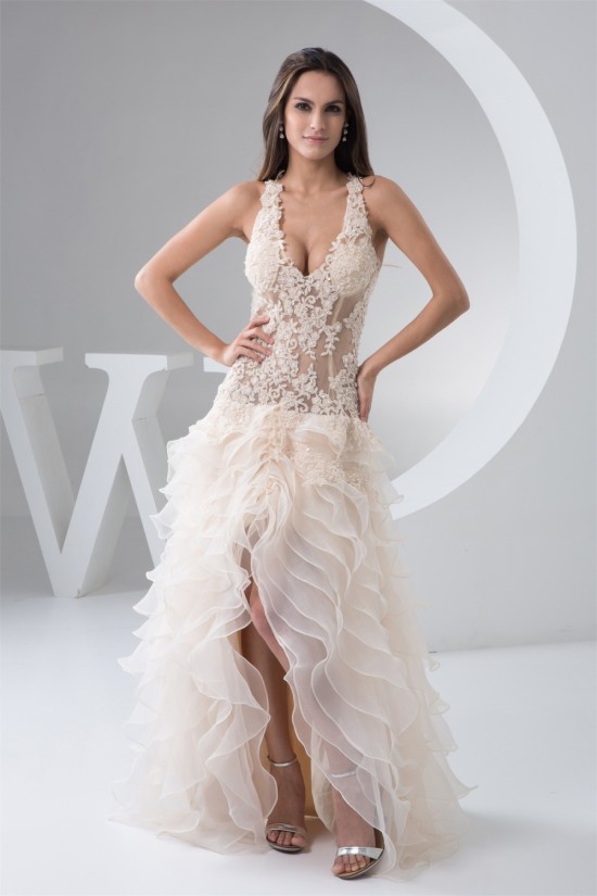 V-Neck Asymmetrical Sleeveless Ruched Satin Fine Netting Wedding Dresses 2031534
