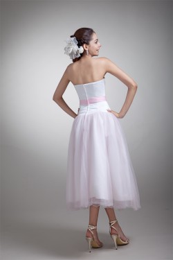 A-Line Sweetheart Beading Satin Net Sleeveless Tea-Length Wedding Dresses 2031537