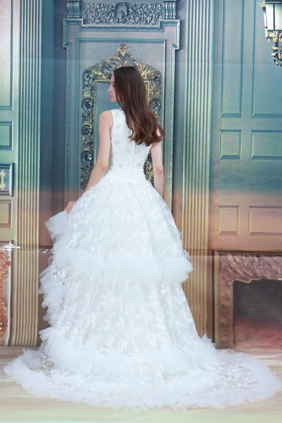 Sleeveless A-Line Satin Lace Ruffled Fine Netting High Low Reception Wedding Dresses 2031545 Sleeveless A-Line Satin Lace Ruffled Fine Netting High Low Reception Wedding Dresses 2031545