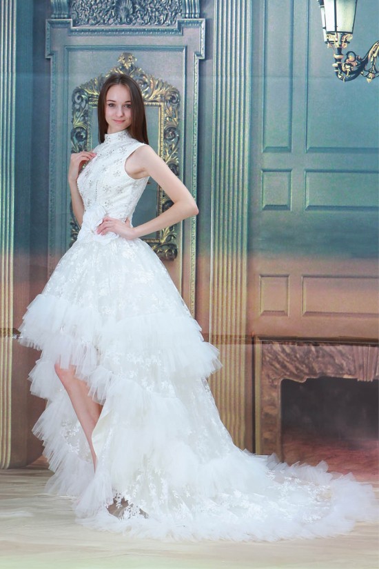 Sleeveless A-Line Satin Lace Ruffled Fine Netting High Low Reception Wedding Dresses 2031545 Sleeveless A-Line Satin Lace Ruffled Fine Netting High Low Reception Wedding Dresses 2031545