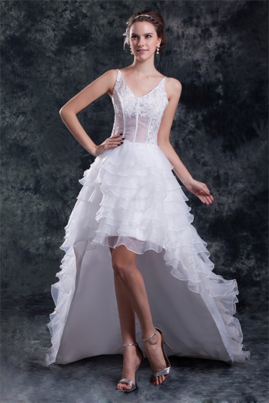 Unique Design V-Neck Satin Organza Lace A-Line High Low Wedding Dresses 2031548 Unique Design V-Neck Satin Organza Lace A-Line High Low Wedding Dresses 2031548