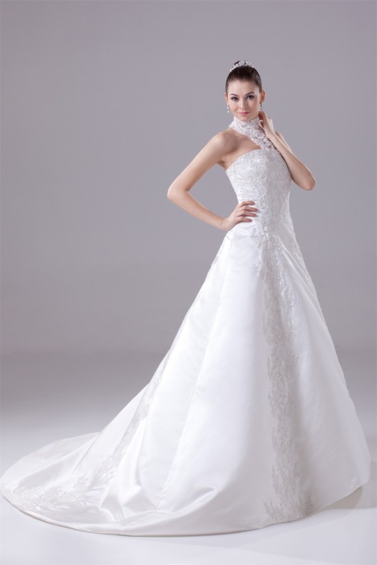 A-Line High-Neck Satin Lace Wedding Dresses 2030175 A-Line High-Neck Satin Lace Wedding Dresses 2030175