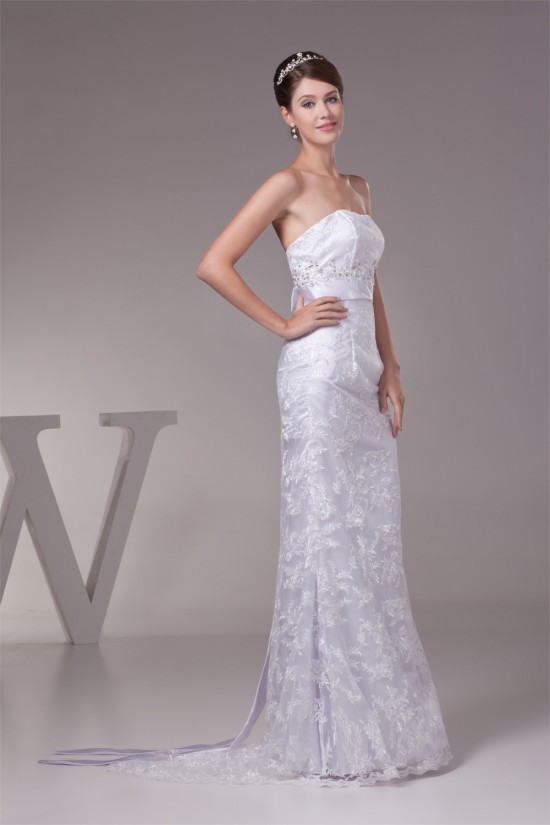 Lace Silk like Satin Sheath/Column Sleeveless Wedding Dresses 2030186 Lace Silk like Satin Sheath/Column Sleeveless Wedding Dresses 2030186