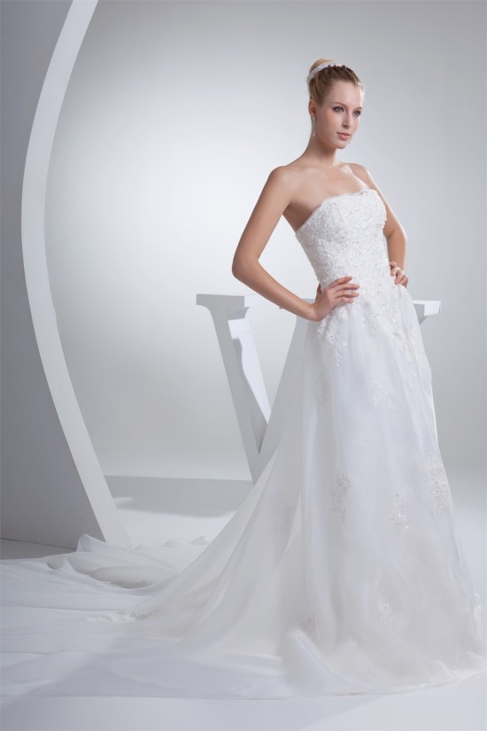 A-Line Strapless Chapel Train Lace Wedding Dresses 2030192 A-Line Strapless Chapel Train Lace Wedding Dresses 2030192