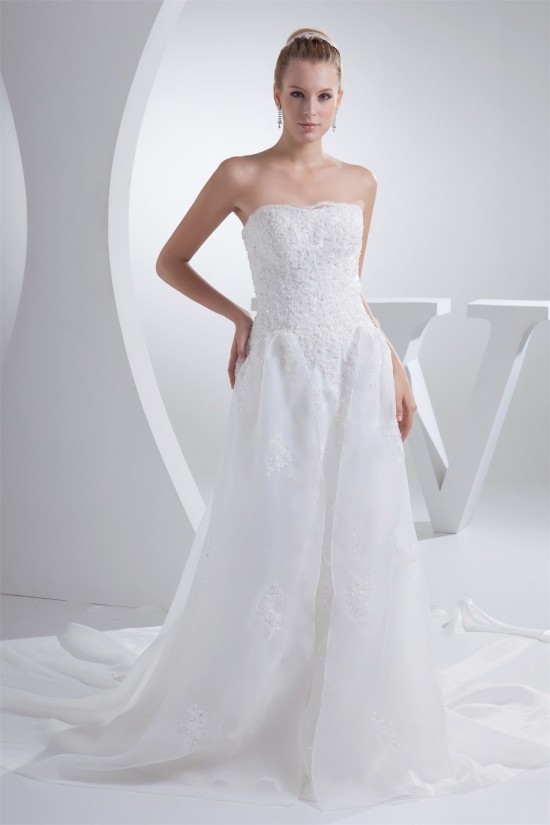 A-Line Strapless Chapel Train Lace Wedding Dresses 2030192 A-Line Strapless Chapel Train Lace Wedding Dresses 2030192
