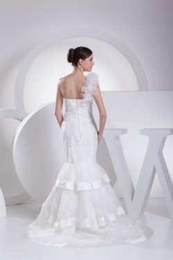 Mermaid/Trumpet Satin Organza One-Shoulder Lace Wedding Dresses 2030205