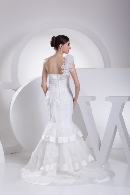 Mermaid/Trumpet Satin Organza One-Shoulder Lace Wedding Dresses 2030205 Mermaid/Trumpet Satin Organza One-Shoulder Lace Wedding Dresses 2030205