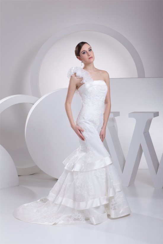 Mermaid/Trumpet Satin Organza One-Shoulder Lace Wedding Dresses 2030205 Mermaid/Trumpet Satin Organza One-Shoulder Lace Wedding Dresses 2030205