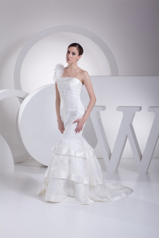 Mermaid/Trumpet Satin Organza One-Shoulder Lace Wedding Dresses 2030205 Mermaid/Trumpet Satin Organza One-Shoulder Lace Wedding Dresses 2030205