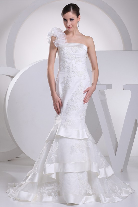 Mermaid/Trumpet Satin Organza One-Shoulder Lace Wedding Dresses 2030205 Mermaid/Trumpet Satin Organza One-Shoulder Lace Wedding Dresses 2030205