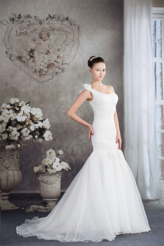 Mermaid/Trumpet Sleeveless Satin Organza One-Shoulder Wedding Dresses 2030208 Mermaid/Trumpet Sleeveless Satin Organza One-Shoulder Wedding Dresses 2030208