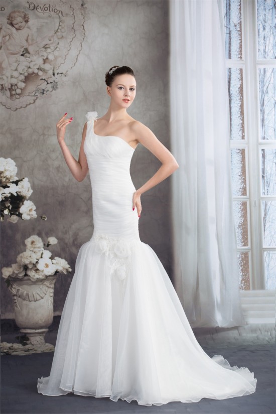 Mermaid/Trumpet Sleeveless Satin Organza One-Shoulder Wedding Dresses 2030208 Mermaid/Trumpet Sleeveless Satin Organza One-Shoulder Wedding Dresses 2030208