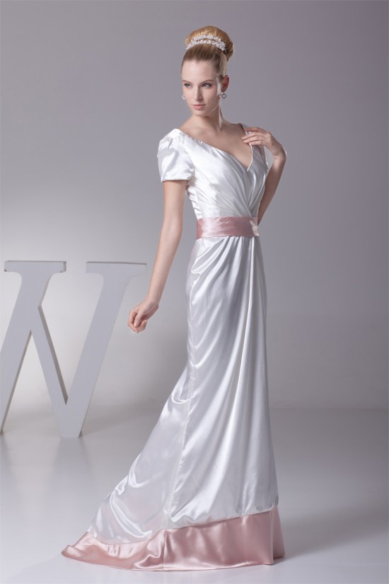 Sheath/Column V-Neck Short Sleeve Sweet Wedding Dresses 2030219