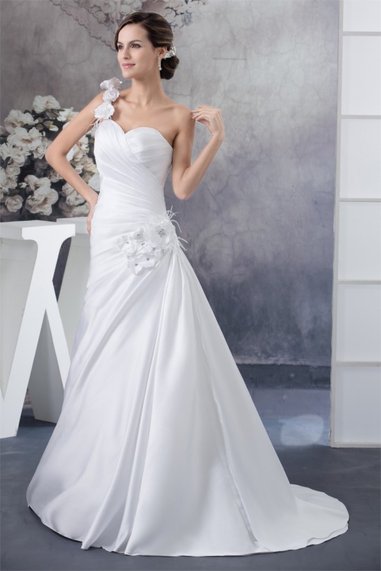 A-Line One-Shoulder Satin Sleeveless Sweetheart Wedding Dresses 2030227 A-Line One-Shoulder Satin Sleeveless Sweetheart Wedding Dresses 2030227