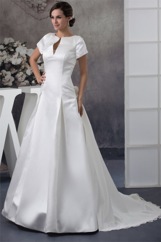 New Style Portrait A-Line Satin Short Sleeve Lace Wedding Dresses 2030231