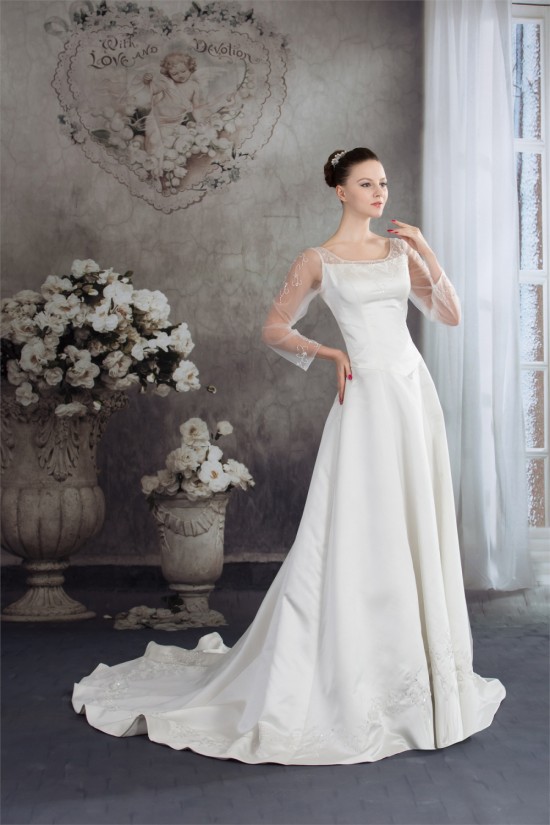 A-Line 3/4 Length Sleeve Scoop Wedding Dresses 2030262