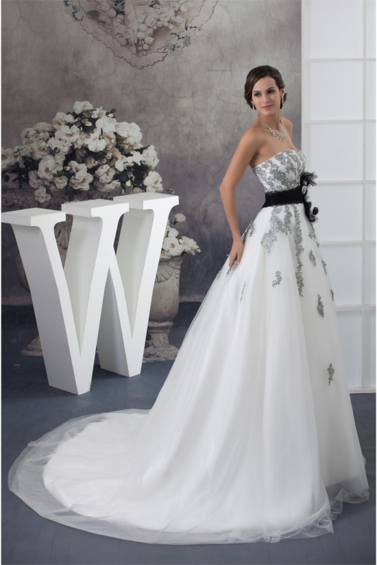 A-Line Satin Lace Fine Netting Strapless New Arrival Wedding Dresses 2030277