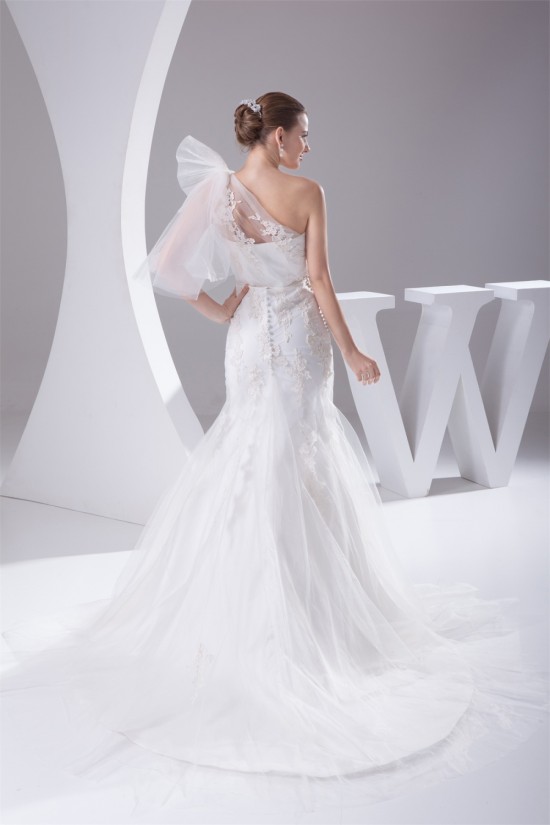 Mermaid/Trumpet Satin Netting Lace One-Shoulder Wedding Dresses 2030286 Mermaid/Trumpet Satin Netting Lace One-Shoulder Wedding Dresses 2030286